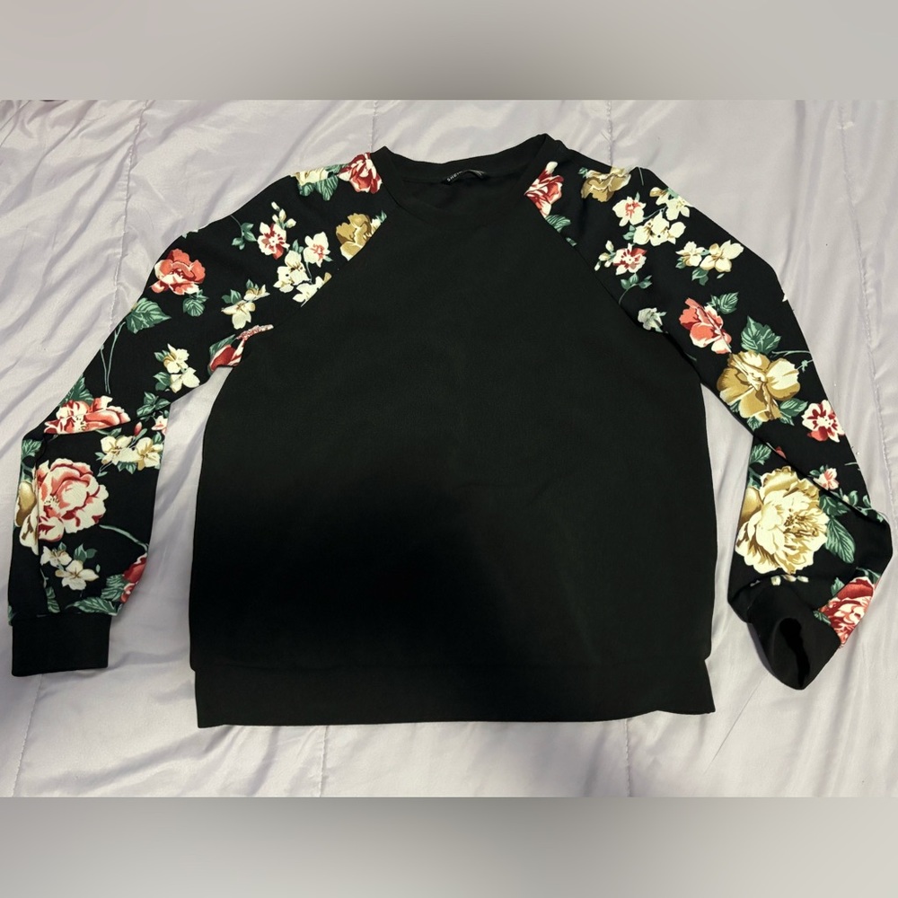 Floral Sleeve Black Sweatshirt